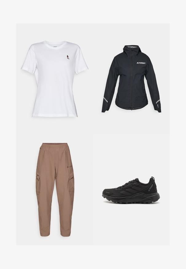 Melnā ūdensnecaurlaidīgā jaka ar kapuci, pilnu rāvējslēdzēju, regulējamām aprocēm un atstarojošām akcentiem. Tam ir balts logo augšējā kreisajā krūtīs.; Balta kokvilnas t-kreklā ar īsām piedurknēm, apaļu kakla izgriezumu, kurā ir neliela daudzkrāsaina putna izšuvums kreisajā krūšu zonā.; Brūni cargo iegulšanas bikses ar elastīgu jostasvietu, divām sānu kabatām un teksturētu audumu. Priekšpusē ir izšūta logotipa emblēma.; Melnas sporta kurpes ar teksturētu sintētisku virsējo daļu, auklu aizdari, biezu gumijas zoli un diskrētām logotipa akcents sānos un uz papēža.