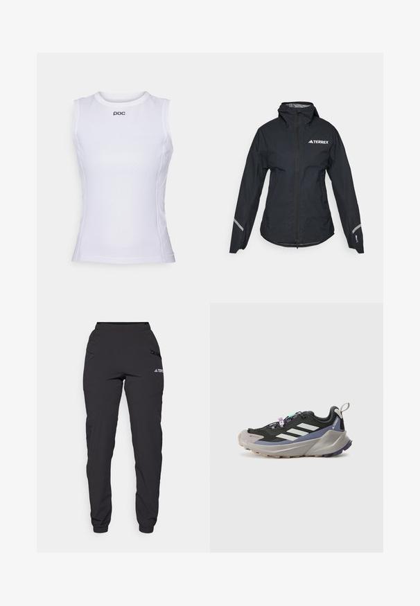 Černá nepromokavá bunda s kapucí, plným zipem, nastavitelem na rukávech a reflexními prvky. Na horní levé části hrudi se nachází bílé logo.; Bílé bezrukávové sportovní tričko vyrobené z texturovaného síťovaného materiálu. Vybaveno kulatým výstřihem a malým logem na přední straně.; Černé voděodolné kalhoty s elastickým pasem, bočními kapsami na zip, zúženými nohavicemi a žebrovanými manžetami na kotnících. Obsahují detaily s logem.; Černá sportovní bota s Gore-Tex svrchním materiálem, bílými pruhy, fialovými akcenty, silnou šedou mezipodešví a texturovanou šedou podešví pro lepší přilnavost.