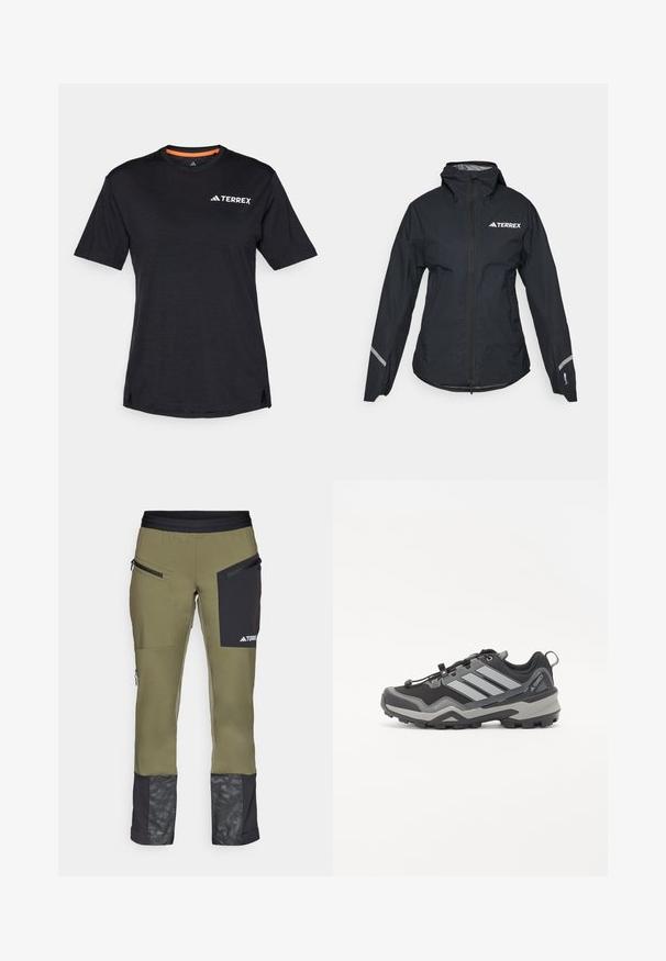 Černá nepromokavá bunda s kapucí, plným zipem, nastavitelem na rukávech a reflexními prvky. Na horní levé části hrudi se nachází bílé logo.; Černé tričko s krátkým rukávem a kulatým výstřihem, s jemnou melanžovou strukturou a bílým logem "TERREX" na levé horní straně.; Zelené technické kalhoty s černými akcenty, kapsami na zip a vzorovanou spodní částí nohavic. Vyrobené z flexibilního a odolného materiálu.; Černá a šedá turistická bota s texturovaným povrchem, gumovou podrážkou a třemi výraznými šedými pruhy na straně; má systém rychlého šněrování.