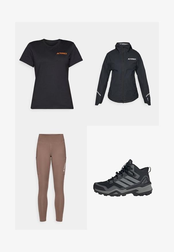 Must ränekattega must vettpidav jakk, täispikk tõmblukk, reguleeritavad mansetid ja peegeldavad aktsendid. Ülal vasakul rinnal on valge logo.; Mustlane lühikeste varrukatega t-särk, mis on valmistatud puuvillast. Omab ümberkaela kaelust ja oranžit "TERREX" logo vasakus ülanurgas.; Pruunid spord Leggingsid kõrge vöökohaga, külgtaskud ja valge logo. Sile ja veniv kangas mugavuse ja liikumisvabaduse tagamiseks.; Mustudadel kingad mustade värvidega, hallide aktsentidega, võrksisuga, kummist tallaga ja kindla sidumissüsteemiga. Omab tekstuuriga paneele ja kõrget pahkluu disaini.
