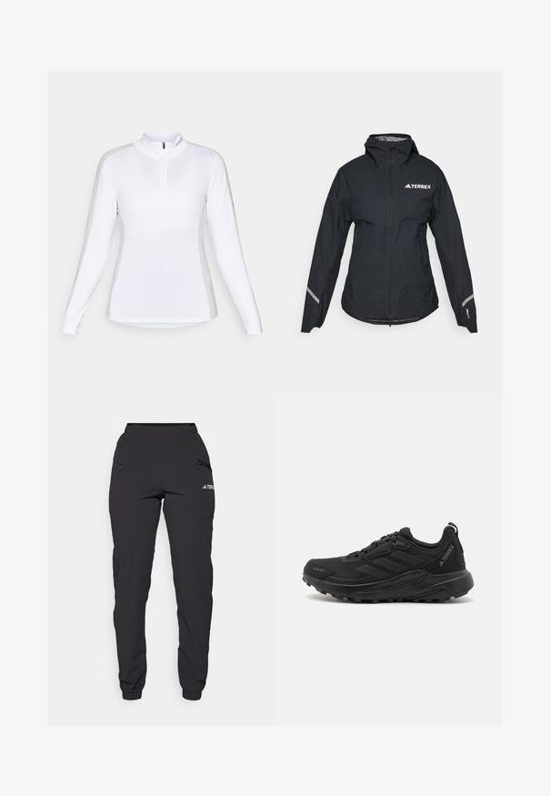 Giacca impermeabile nera con cappuccio, zip completa, polsini regolabili e dettagli riflettenti. Presenta un logo bianco sul lato sinistro della parte superiore del petto.; Maglietta atletica bianca a maniche lunghe con colletto zip. Presenta un design senza cuciture e una vestibilità aderente, adatta per attività all'aperto.; Pantaloni neri impermeabili con vita elasticizzata, tasche laterali con zip, gambe affusolate e polsini a coste alle caviglie. Presenta dettagli con logo.; Scarpe da ginnastica nere con tomaia sintetica testurizzata, chiusura con lacci, suola spessa in gomma e dettagli del logo discreti sui lati e sul tallone.