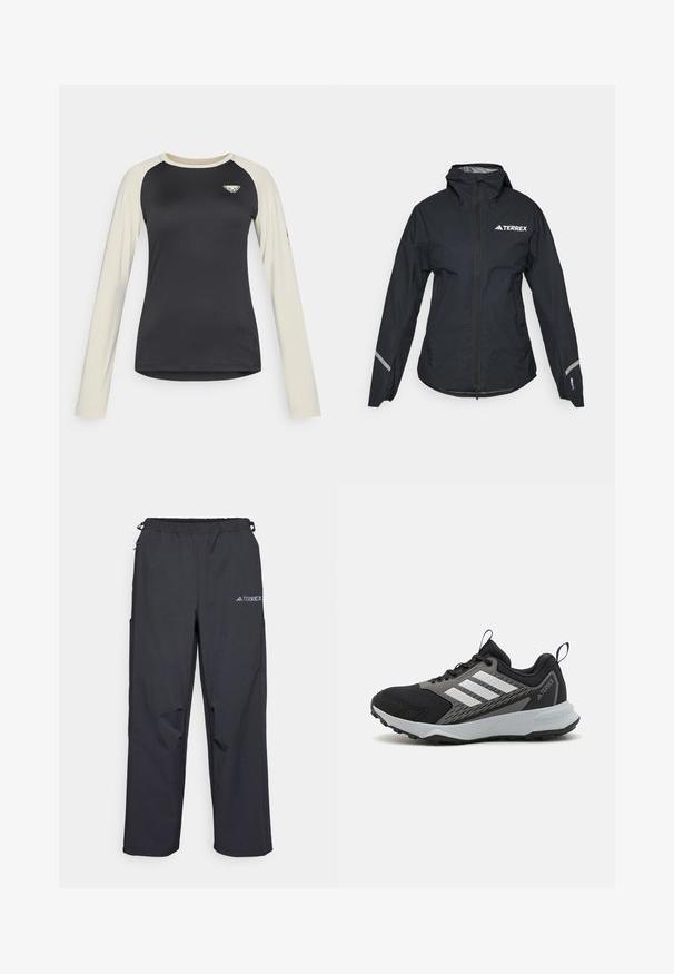 Črna vodoodporna jakna s kapuco, polnim zadrgo, prilagodljivimi manšetami in odsevnimi detajli. Ima bel logotip na zgornjem levem prsnem delu.; Majica z dolgimi rokavi črnega telesa in kremnimi rokavi, ki ima logo na prsih in diskretno poudaritev na eni rokavi. Gladka tkanina.; Črne lahke hlače za prosti čas z elastičnim pasom, stranskimi žepi in logotipom na zgornjem desnem stegnu. Gladka, vodoodbojna tkanina.; Črne atletske čevlje z sivimi detajli, ki imajo teksturirano mrežasto zgornjščino, tri bele črte in gumijast podplat za oprijem.