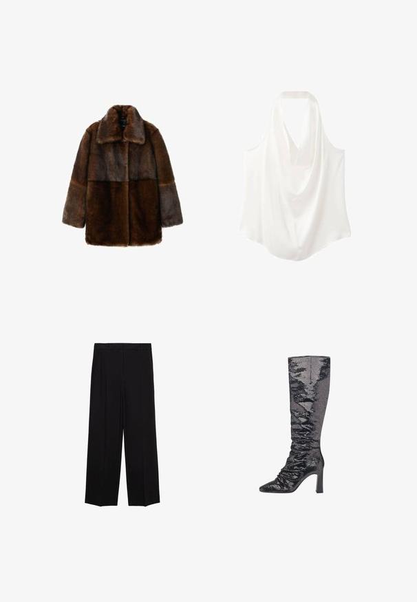 Palton din blană sintetică de culoare maronie, cu guler lat, având un design compus din nuanțe variate de maroniu, mâneci lungi și o croială lejeră.; Bluză albă fără mâneci, cu decolteu căptușit, confecționată dintr-un material neted, având un design fluid și un tiv curbat.; Pantaloni negri cu croială largă dintr-un material neted, cu pliseuri în față și buzunare laterale, concepuți cu o croială dreaptă și relaxată.; Botă neagră din mărgele, până la genunchi, cu vârf ascuțit, toc structurat și textură plisată de-a lungul treselor pentru o siluetă ajustată.