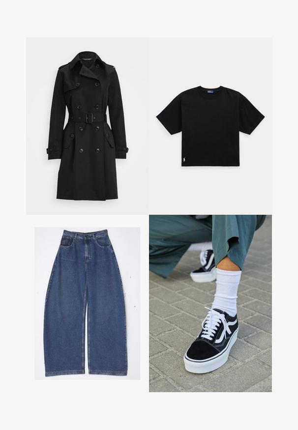 Czarny płaszcz trench z podwójnym zapięciem na przód, dużymi guzikami, paskiem w talii, bocznymi kieszeniami i epoletami na ramionach. Gładki, strukturalny materiał.; Czarny bawełniany t-shirt z krótkim rękawem, okrągłym dekoltem i małym białym logo w lewym dolnym rogu. Klasyczny, prostokątny krój z minimalnymi detalami.; A.W.A.K.E. MODE - Jeansy Relaxed Fit; Czarne zamszowe sneakersy z białymi akcentami i sznurowadłami, z grubą białą podeszwą i kontrastowym przeszyciem, w połączeniu z białą skarpetą.