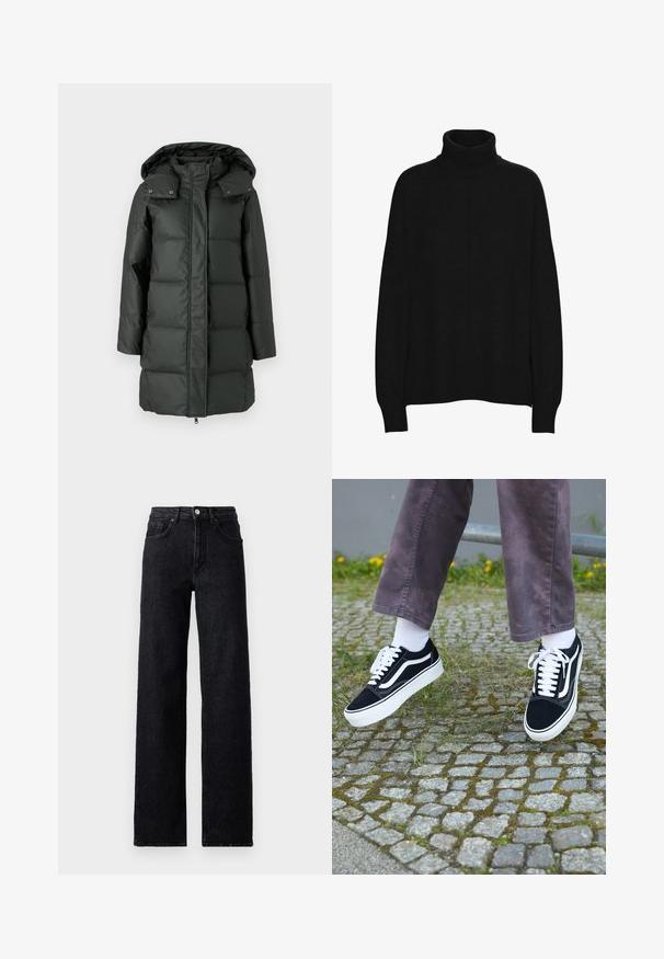 Giacca imbottita verde scuro con cappuccio staccabile, trama trapuntata, chiusura con zip e bottoni a pressione su collo e tasche.; Maglione nero a collo alto realizzato in materiale morbido, caratterizzato da una vestibilità rilassata, maniche lunghe, polsini a coste e una texture uniforme.; Jeans in denim nero a vita alta con chiusura a bottone e zip, tasche anteriori e posteriori, e vestibilità dritta.; Sneaker in suede nero con dettagli bianchi, caratterizzati da una punta arrotondata, suola spessa bianca e design classico con lacci, indossati con calze bianche e pantaloni viola.