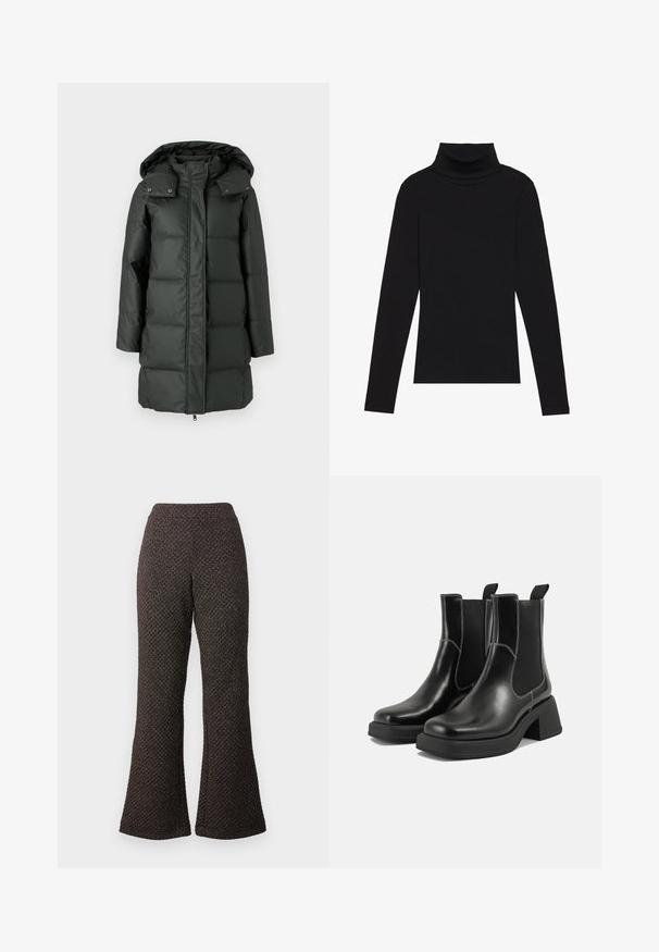 Prešívaná bunda tmavozelenej farby s odnímateľnou kapucňou, prešívanou textúrou, zapínaním na zips a patentkami na golieri a vreckách.; Čierny rolák s dlhým rukávom, vyrobený z rebrovanej tkaniny, má priliehavý strih s vysokým golierom a bez vzorov alebo akcentov.; Čierne zvonové nohavice vyrobené z textúrovaného materiálu s vzorovaným tkaním, s vysokým pásom a širokými nohavicami.; Čierne kožené Chelsea čižmy s robustným podpätkom, elastickými bočnými panelmi a kontrastným bielym prešívaním. Textúrovaný povrch.
