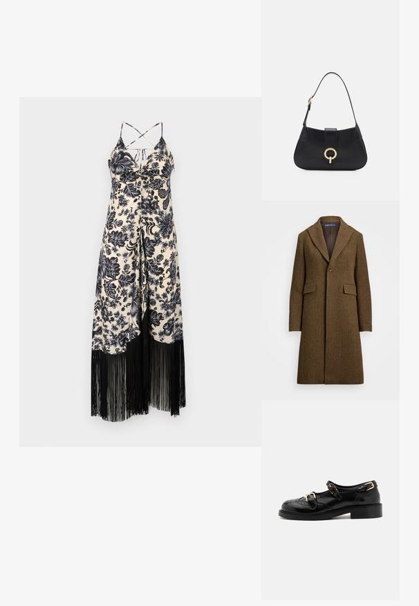 Brūns dūņu raksts mētelis ar iedobumu apkakli, vienu pogu aizdari un divām priekšējām kabatām. Izgatavots no teksturētas vilnas vai līdzīgas auduma.; Ziedu raksta kleita krēmkrāsā un melnā, ar pieguļošu ķermeni, plānām siksnām un melniem frizūras rotājumiem apakšmalā.; Melnas ādas kurpes ar brogue detaļām, ar diviem sprādžu siksnām, noapaļotu purngalu un zemu papēdi. Gluda tekstūra ar spīdīgu apdari.; Melna ādas rokassoma ar izliekta siluetu, īsu siksnu, centrālo zelta krāsas aksesuāru un gludu tekstūru. Nav redzamu rakstu vai akcentu.