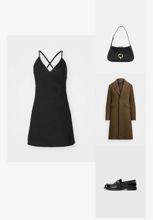 Barna halszálkamintás kabát, váltakozó hajtókával, egy gombos záródással és két elülső zsebbel. Texturált gyapjúból vagy hasonló anyagból készült.; Fekete ruha textúrált anyagból, V-nyakkivágással és keresztezett pántokkal. Feszes felsőrésze és bővülő szoknyája van.; Fekete bőr loaferek fényes felülettel, két arany csattal és alacsony sarkú kialakítással. Sima tapintású, lekerekített orrú dizájn.; Fekete bőr kézitáska ívelt sziluettel, rövid pánttal, középen aranyszínű hardware-rel és sima textúrával. Nincsenek látható minták vagy kiegészítők.