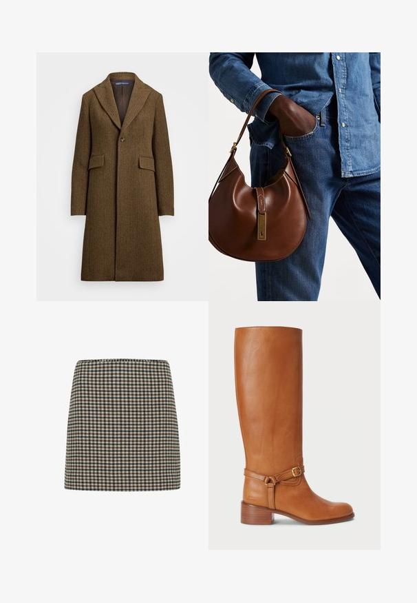 Bruine visgraatjas met een geknipt revers, enkele knoopsluiting en twee voorkanten zakken. Gemaakt van gestructureerde wol of een vergelijkbare stof.; Turtleneck trui in lichtbeige, gemaakt van een gladde, zachte brei. Heeft lange mouwen en een aansluitende silhouet met een geribde zoom.; Gekblokte minirok in zwart, bruin en crème. Gestructureerde vorm met een hoge taille. Zachte textuur van de stof met een consistent ruitpatroon.; Hoge bruine leren laarzen met een gladde afwerking, voorzien van een zijkantgesp en een gestapelde hak. De schacht heeft een strakke, ongecompliceerde uitstraling.; Bruine leren hobo tas met een rondvorm, voorzien van een gouden hardwareaccent en contrasterende stiksels. Gecombineerd met een denim shirt en jeans.