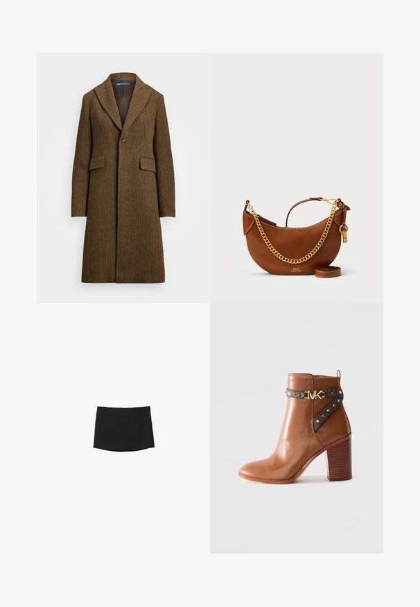 Hnedý kabát v herringbone vzore s výstrihom do "notch", zapínaním na jeden gombík a dvoma prednými vreckami. Vyrobený z textúrovanej vlny alebo podobnej látky.; Hnedý, dlhý rukáv, rolák vyrobený z rebrovaného materiálu. Má priliehavý strih a vysoký golier. Bez viditeľných vzorov alebo akcentov.; Čierna minisukňa vyrobená z hladkého, elastického materiálu; má rovný strih s nenápadným lemom a bez viditeľných zapínaní alebo vzorov.; Hnedá kožená členková obuv so zúženým blokovým podpätkom, postranným popruhom so zlatými nitmi a zlatou sponou s logom "MK".; Hnedá kožená kabelka s zakriveným dizajnom, zlatým reťazovým popruhom, vnútornou kapsou a odnímateľným ramenným popruhom. Obsahuje kontrastné švy.