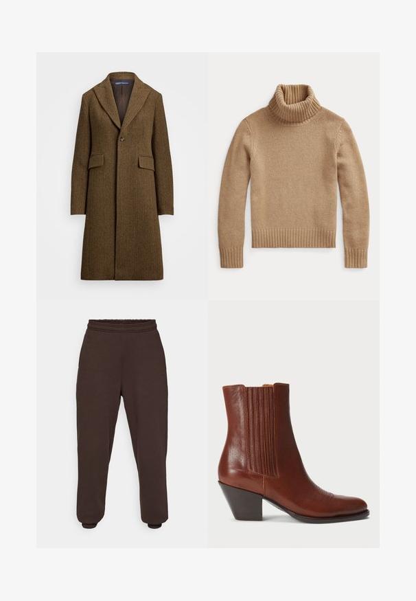 Rudas zigzago raštuotas paltas su įpjovomis apykaklėmis, vienu mygtuku užsegamas ir dviem priekinėmis kišenėmis. Pagamintas iš tekstūruotos vilnos ar panašios medžiagos.; Kaklo megztinis šviesiai rudos spalvos, pagamintas iš tekstūruoto mezginio. Turi raukšlėtą apykaklę ir rankogalius, su paprastu, prigludusiu dizainu.; Tamsiai rudi sportiniai keliaivi, pagaminti iš švelnaus audinio, su elastinga juosmens juostele ir elastiniais rankogaliais ties kulkšnimis. Minimalistinis dizainas, be raštų.; Ruda odinė kulkšnies batai su smailiu pirštu ir sluoksniuota pakulne, su vertikaliomis briaunuotomis akcentais šonuose ir išsamiais siuvinėjimo akcentais.