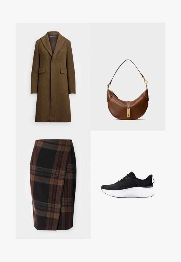 Manteau en herringbone marron avec un col cranté, fermeture à un bouton et deux poches avant. Fabriqué en laine texturée ou un tissu similaire.; Pull en maille torsadée beige avec un col rond, des poignets et un ourlet côtelés, et un petit logo sur la poitrine gauche. Tissu doux et texturé.; Polo en coton blanc avec un col classique, des manches courtes et un logo brodé bleu marine sur la poitrine gauche. Patte de boutonnage à cinq boutons.; Jupe crayon en tartan de couleurs sombres avec des motifs horizontaux et verticaux. Fabriquée en laine, elle dispose d'une fente sur le côté pour faciliter les mouvements.; Chaussure de sport noire avec une tige en tricot texturé, semelle intercalaire blanche et semelle extérieure noire. Dispose d'un col rembourré et de lacets pour un ajustement sécurisé.; Sac à bandoulière en cuir marron avec une forme courbée, matériel doré, détail de fermoir supérieur et accent de logo. Texture lisse avec bords cousus.