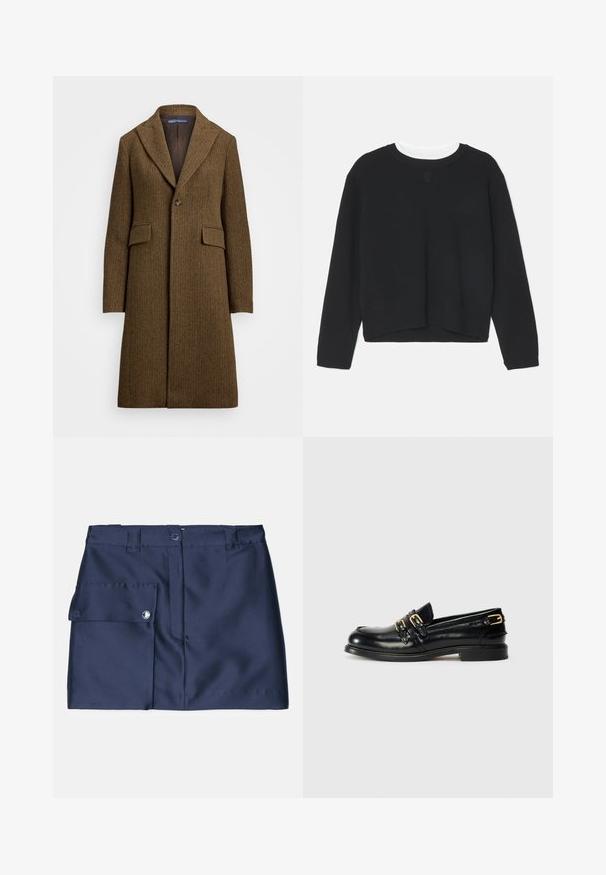 Manteau en herringbone marron avec un col cranté, fermeture à un bouton et deux poches avant. Fabriqué en laine texturée ou un tissu similaire.; Pull noir à manches longues, col rond et ourlet légèrement court. Fabriqué en tissu doux, avec un détail de logo subtil sur le devant.; Jupe bleu marine à texture lisse, dotée d'une poche latérale et d'une fermeture à bouton. Design ajusté avec une coupe droite et une taille.; Mocassins en cuir noir avec une finition brillante, dotés de deux boucles dorées et d'un talon bas. Texture lisse avec un design à bout arrondi.