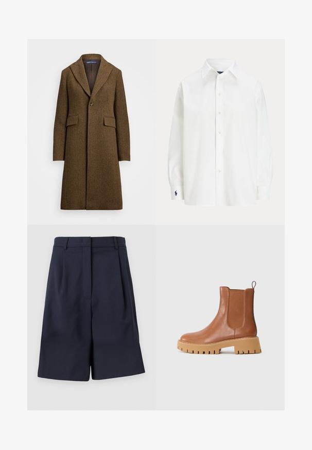 Gabardina marrón de espiga con solapa de pico, cierre de un botón y dos bolsillos delanteros. Fabricada en lana texturizada o tejido similar.; Camisa blanca de botones con manga larga, cuello clásico y un pequeño logo azul en el puño. Tela de algodón suave, ajuste estructurado.; Pantalones cortos ajustados azul marino fabricados con un tejido suave, con cintura alta, pliegues en el frente y bolsillos laterales. Silueta limpia y estructurada.; Botín de cuero marrón hasta el tobillo con paneles laterales elásticos, puntera redonda y suela de plataforma gruesa en tono arena que presenta un prominente patrón de relieve.