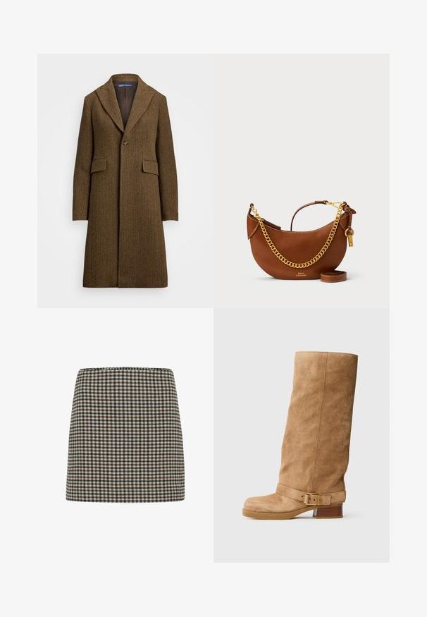 Rjav herringbone plašč z izrezanim ovratnikom, enojnim gumbom in dvema sprednjima žepekoma. Narejen iz teksturirane volne ali podobnega materiala.; Bela dolgimi rokavi gumbasta srajca, izdelana iz gladkega materiala, z klasičnim ovratnikom in rahlim sijajem, okroglo krojena z gumbnimi detajli.; Karirana mini krila v črni, rjavi in krem barvi. Strukturna oblika z visokim pasom. Mehka tekstura tkanine s skladnim mrežastim vzorcem.; Brahkaste rjave suknje srednje visine z nizkim utezima, okruglog vrha i podesivim remenom sa zlatnom kopčom oko članaka.; Rjava usnjena torbica s ukrivljenim dizajnom, zlatim verižnim trakom, notranjim žepom in snemljivim ramenskim trakom. Ima kontrastno šivanje.