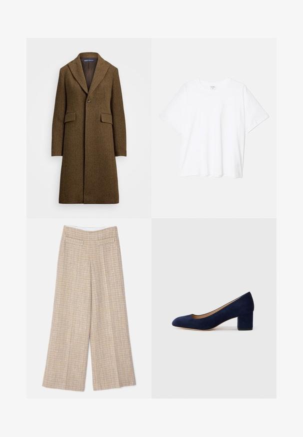 Brown herringbone coat with a notched lapel, single button closure, and two front pockets. Made of textured wool or similar fabric.; White cotton t-shirt with short sleeves, round neckline, relaxed fit, and stitched hem. Label visible on the inside neck.; Beige wide-leg trousers in textured fabric with subtle check pattern; features two back pockets and a smooth waistband.; Navy blue suede pump with a pointed toe and a mid-height block heel. Smooth texture with a subtle sheen and a small cutout at the front.