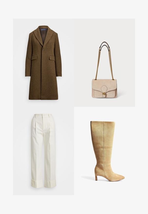 Cappotto marrone ad herringbone con rever a scialle, chiusura a un bottone e due tasche frontali. Realizzato in lana testurizzata o tessuto simile.; T-shirt bianco in cotone con maniche corte, collo rotondo, design aderente e texture liscia. Etichetta del logo sul collo.; Pantaloni bianchi su misura con vita alta, doppie pieghe frontali e gamba larga con risvolti. Realizzati in un tessuto liscio e strutturato.; Stivale fino al ginocchio in suede beige con punta affusolata e tacco a blocco. Texture liscia, design minimalista e dettagli di cucitura verticale sul gambale.; Borsa in suede beige con tracolle in catena dorata, forma rettangolare strutturata, dettagli cuciti e un’accents dorato del logo sul davanti.