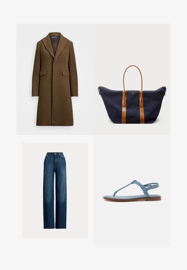 Hnedý kabát v herringbone vzore s výstrihom do "notch", zapínaním na jeden gombík a dvoma prednými vreckami. Vyrobený z textúrovanej vlny alebo podobnej látky.; Biele bavlnené tričko s krátkymi rukávmi, okrúhlym výstrihom, priliehavým strihom a hladkou textúrou. Logo nášivka na výstrihu.; Rozšírené deninové nohavice v tmavomodrej farbe. Majú vysoký pás, zapínanie na gombík a klasický dizajn s piatimi vreckami. Hladká textúra s jemným vyblednutím.; Modré kožené tanga sandále s plochou podrážkou, s úzkym dizajnom popruhu a sponou na členku pre bezpečné prispôsobenie.; Námornícka plátnená taška s hnedými koženými popruhmi, so zipsom a malým červeným logom na prednej strane, ktorá má široký a priestranný dizajn.