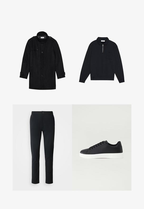 Casaco de lã preto com colarinho alto, frente de botões, dois bolsos laterais e detalhes em botão nas mangas. Design minimalista e textura suave.; Pier One Camisola - black; Calças pretas ajustadas em um tecido suave, com um design de perna reta, fecho frontal com botão e um vincos subtil ao longo das pernas.; Pier One UNISEX - Sapatilhas - black