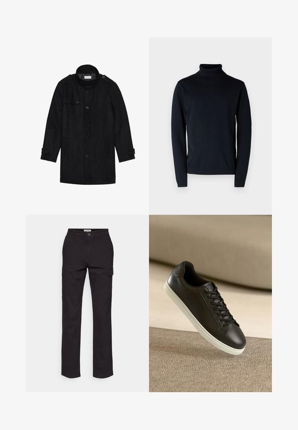 Svart ullkappa med hög krage, knappad front, två sidofickor och knappar som accent på ärmarna. Minimalistisk design och jämn textur.; Mörk marinblå polotröja i mjukt, elastiskt material. Har långa ärmar och ribbade muddar och fåll. Enkel, ren design.; Svarta cargobyxor med rak bendesign, utrustade med sidofickor, knappstängning och ett robust bomullsmaterial.; Svarta lädersneakers med vit gummisula och svarta snörningar, placerade mot en beige tygyta och bakgrund.
