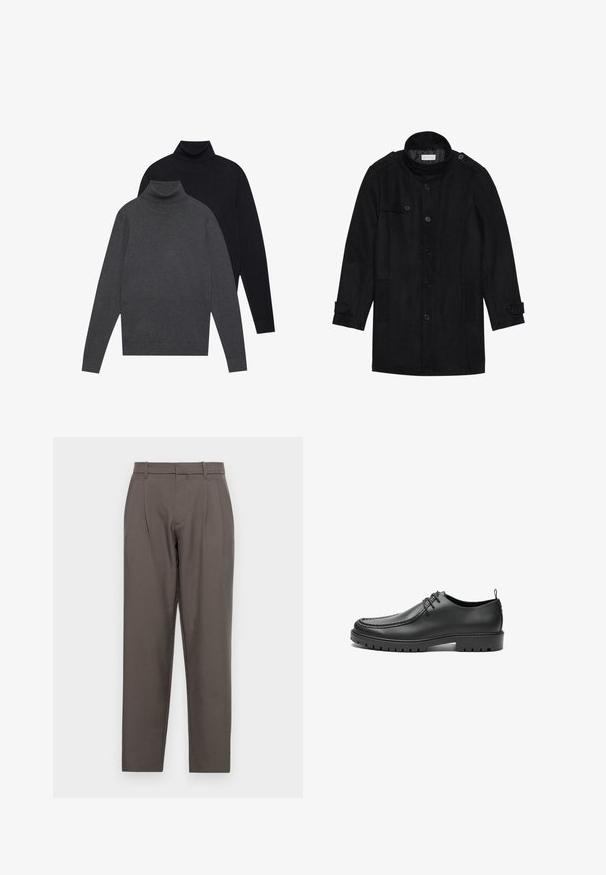 Black wool coat with a high collar, buttoned front, two side pockets, and button accents on sleeves. Minimalist design and smooth texture.; Two folded long-sleeve turtleneck sweaters stacked, front in dark gray and back in black, on a plain white background.; Jack & Jones JPSTBILL JJDAYTONA WIDE - Trousers - pavement; Black leather shoes with a smooth finish, rounded toe, and decorative stitching. Features a rubber sole with traction grooves and a lace-up design.