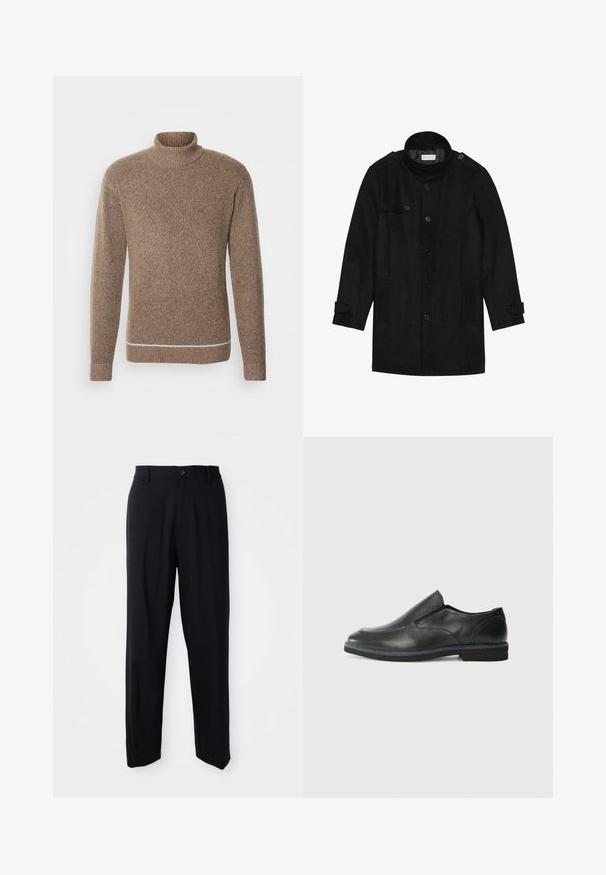 Juodas vilnonis paltas su aukštu apykakle, užsegamas priekyje, turi dvi šonines kišenes ir mygtukų akcentus rankovėse. Minimalistinio dizaino ir sklandžios tekstūros.; INDICODE JEANS Džemperis - otter; Juodos tiesios kojos kelnės su diržo kilpomis, mygtuko uždarymu ir elegantišku, minimalistiniu dizainu neutralioje fone.; Juodai odiniai įtvirtinimo batai su lygiu paviršiumi, siuvinėjimo akcentais, apvalia nosimi ir žemu guminiu kulnu. Pado raštas minimalus.