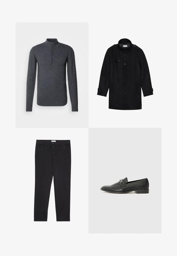 Černý vlněný kabát s vysokým límcem, zapínáním na knoflíky vpředu, dvěma bočními kapsami a knoflíkovými detaily na rukávech. Minimalistický design a hladká textura.; INDICODE JEANS Svetr - charcoal mix; Černé bavlněné kalhoty s úzkým střihem, které mají dvě boční kapsy a přední zapínání na knoflík. Texturovaná tkanina s jemnými detaily.; Černé kožené mokasíny s hladkým povrchem, s prošívaným designem a dekoračním kovovým řetízkem přes nárt. Plochý podpatek.