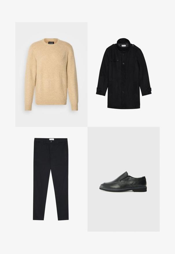 Czarny wełniany płaszcz z wysokim kołnierzem, zapinany na guziki, z dwoma bocznymi kieszeniami i guzikami na rękawach. Minimalistyczny design i gładka tekstura.; Beżowy sweter wykonany z miękkiego materiału, z okrągłym dekoltem, długimi rękawami oraz ściągaczami przy mankietach i dolnej krawędzi.; Czarne spodnie o prostym kroju, wykonane z bawełnianej tkaniny. Posiadają dwie przednie kieszenie oraz zapięcie na guzik w talii.; Czarne skórzane buty wsuwane z gładką cholewką, przeszyciami, okrągłym noskiem i niskim gumowym obcasem. Podeszwa ma minimalny bieżnik.