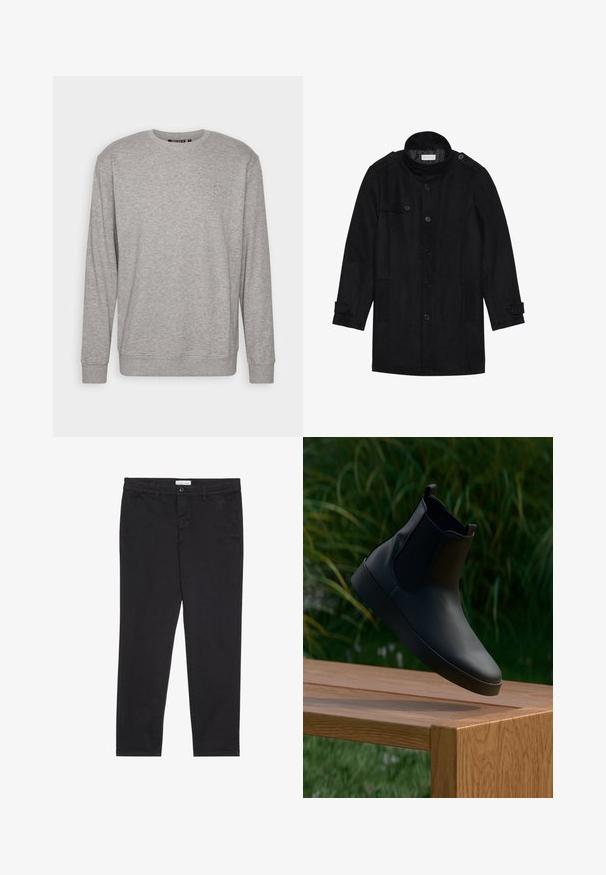 Melna vilnas mēteli ar augstu apkakli, ar pogām aizdara priekšpusi, divām sānu kabatām un pogu akcentiem uz piedurknēm. Minimālistisks dizains un gluda tekstūra.; Gaiši pelēks krekls ar garām piedurknēm, apaļu kakla izgriezumu, ribotiem piedurkņu galiem un apakšmalu. Uz augšējās kreisās krūšu zonas atrodas smalks logotips.; Melni kokvilnas bikses ar šauru piegriezumu, kurām ir divas sānu kabatas un priekšējā pogu aizdare. Tekstūrēta auduma ar smalku detalizāciju.; Melnas ādas potītes zābaki ar elastīgiem sānu paneļiem, gluda tekstūra, noapaļota purngala forma un plakana zole, novietoti virs koka galda pret augu fona.