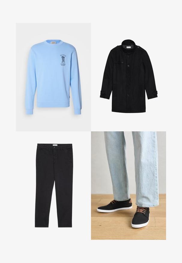 Cappotto in lana nera con colletto alto, chiusura frontale con bottoni, due tasche laterali e dettagli con bottoni sulle maniche. Design minimalista e texture liscia.; Felpa azzurra chiara in cotone, con scollo a girocollo e maniche lunghe. Include un design del logo stampato nere sul petto.; Pantaloni neri in cotone con vestibilità slim, dotati di due tasche laterali e chiusura anteriore con bottone. Tessuto testurizzato con dettagli sottili.; Sneaker nere in tela con dettagli marroni, suole in gomma bianca e lacci marroni, abbinate a jeans dritti azzurri. Sfondo in legno.