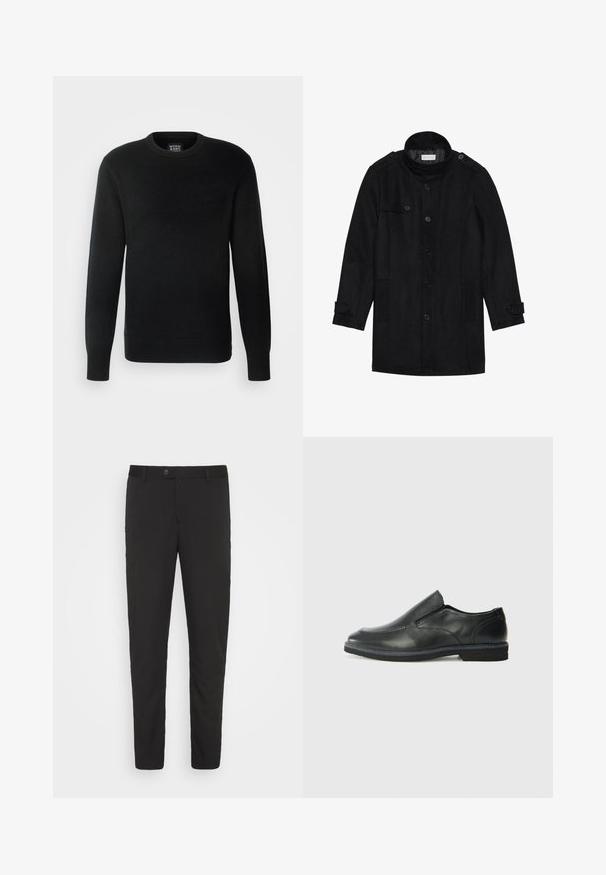 Manteau en laine noir avec un col haut, fermeture à boutons à l'avant, deux poches latérales et des accents de boutons sur les manches. Design minimaliste et texture lisse.; Pull en maille noir à manches longues, col rond, avec des bords côtes aux poignets et à l'ourlet, arborant un petit label logo en bas à gauche.; Pantalons noirs taillés avec une coupe droite, poches avant et fermeture à bouton. Fabriqués en tissu lisse avec un léger éclat.; Chaussure slip-on en cuir noir avec une tige lisse, des accents cousus, un bout arrondi et un petit talon en caoutchouc. La semelle présente un profil de traction minimal.
