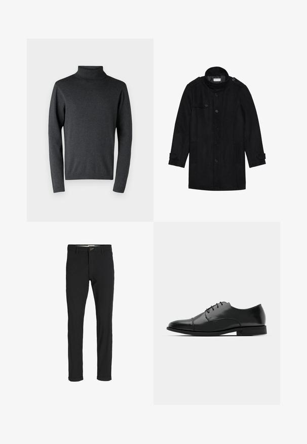 Must musternahk, millel on kõrge krae, nööpidega esiosa, kaks küljetaskut ja nööpdetailid varrukatel. Minimalistlik disain ja sile tekstuur.; Tumehall villane kaelussweater, mis on valmistatud pehmest materjalist, millel on pikad varrukad ja ribakootud mansetid ning hem, ühtlase ja siledaga tekstuuriga.; Mustast puuvillasegustest pükstest õhukese lõikega, milles on nööbikinnitus, taskud ja keeratud sääred, et saavutada lõdva lõppviimistluse.; Must must esine tugeva varbaga, luku kinnitusega, peente õmblustete detailidega ja madala kontsaga. Sile tekstuur ja poleeritud viimistlus.