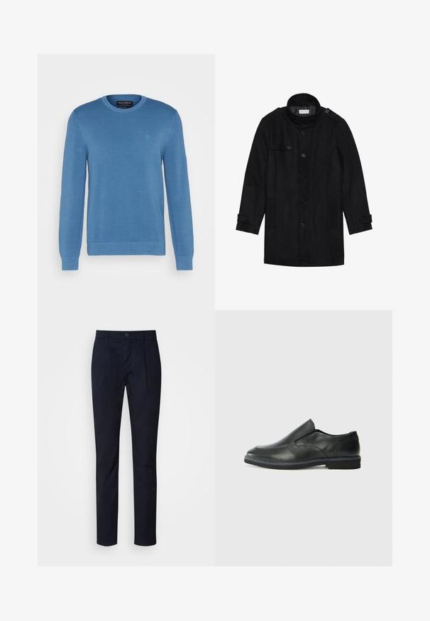 Czarny wełniany płaszcz z wysokim kołnierzem, zapinany na guziki, z dwoma bocznymi kieszeniami i guzikami na rękawach. Minimalistyczny design i gładka tekstura.; Jasnoniebieski sweter dzianinowy z okrągłym dekoltem, długimi rękawami i teksturowanym materiałem. Zawiera małe logo w lewym górnym rogu.; Granatowe spodnie slim fit z plisami z przodu, zapięciem na guzik i zamek, szlufkami na pasek i prostymi nogawkami.; Czarne skórzane buty wsuwane z gładką cholewką, przeszyciami, okrągłym noskiem i niskim gumowym obcasem. Podeszwa ma minimalny bieżnik.