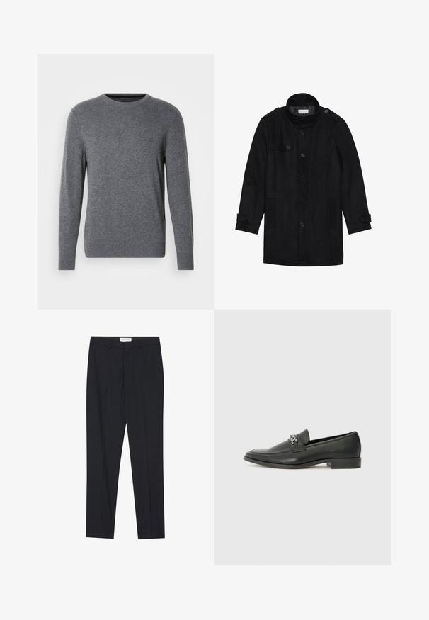 Palton negru din lână cu guler înalt, închidere prin butoane, două buzunare laterale și detalii cu butoane pe mâneci. Design minimalist și textură netedă.; Pulover gri din tricot cu guler rotund și mâneci lungi. Prezintă manșete și tiv, textură netedă și un logo mic pe piept.; Pantaloni negri, croiți pe măsură, cu față plată, cu o tăietură obișnuită, dintr-un material neted, având plii presate și buzunare laterale.; Pantofii negri din piele cu un finisaj neted, având un design cusut și un accent decorativ de lanț metalic peste partea de sus. Toc plat.