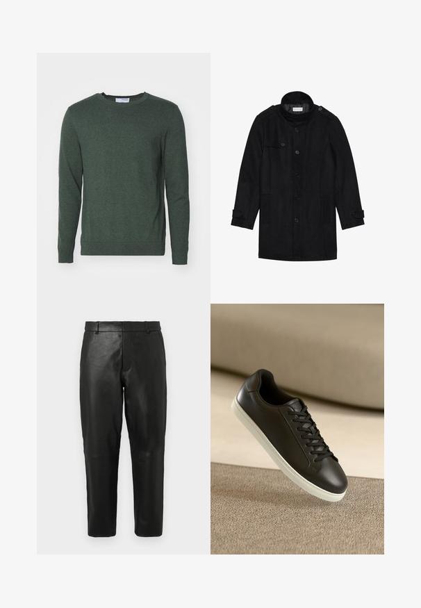 Casaco de lã preto com colarinho alto, frente de botões, dois bolsos laterais e detalhes em botão nas mangas. Design minimalista e textura suave.; Sweater verde de gola redonda feito de um tecido de malha texturizado. Apresenta mangas longas e punhos e bainha canelados para um look ajustado.; Calças reta de couro preto com passantes para cinto e bolsos laterais, exibidas contra um fundo claro e liso.; Sneaker de couro preto com sola de borracha branca e atacadores pretos, posicionado sobre uma superfície e fundo de tecido bege.