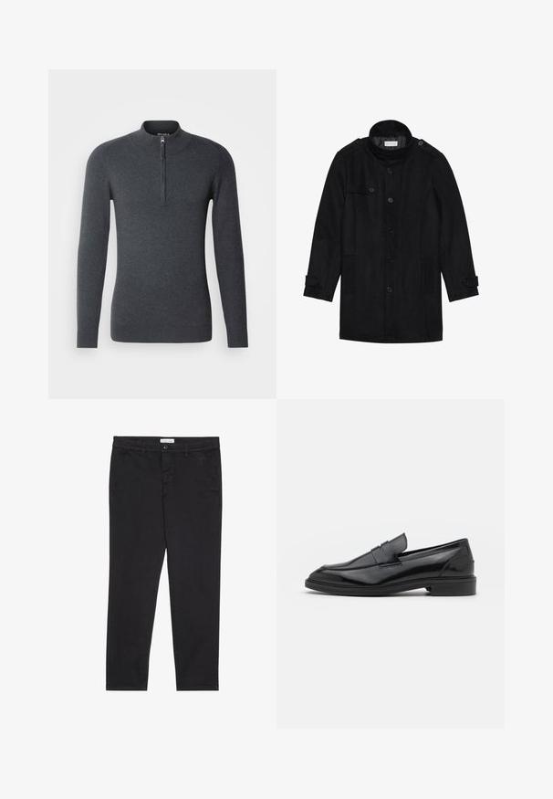 Palton negru din lână cu guler înalt, închidere prin butoane, două buzunare laterale și detalii cu butoane pe mâneci. Design minimalist și textură netedă.; Pulover gri închis cu guler înalt și fermoar scurt în față. Fabricat dintr-un material moale, texturat, cu mâneci lungi și manșete cu nervuri.; Pantaloni din bumbac negri cu o croială slim, având două buzunare laterale și închidere frontală cu buton. Material texturat cu detalii subtile.; Pantofofi din piele neagră cu un finisaj neted, având vârful rotunjit și o bandă îngustă pe partea superioară. Toc mic, stratificat.