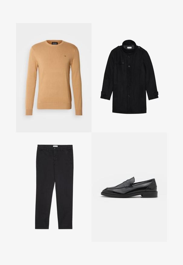 Manteau en laine noir avec un col haut, fermeture à boutons à l'avant, deux poches latérales et des accents de boutons sur les manches. Design minimaliste et texture lisse.; Pull en beige à col rond en matériau tricoté doux, avec des manches longues et un petit logo brodé sur la poitrine.; Pantalon en coton noir à coupe slim, avec deux poches latérales et une fermeture à bouton à l'avant. Tissu texturé avec des détails subtils.; Mocassins en cuir noir avec une finition lisse, dotés d'un bout arrondi et d'une bande étroite sur le dessus. Talon bas empilé.