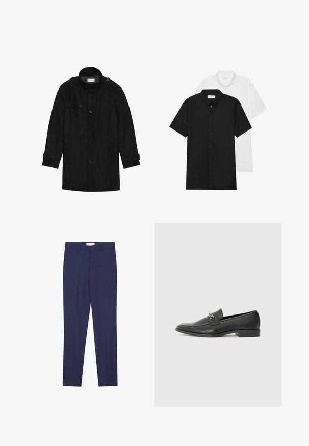 Juodas vilnonis paltas su aukštu apykakle, užsegamas priekyje, turi dvi šonines kišenes ir mygtukų akcentus rankovėse. Minimalistinio dizaino ir sklandžios tekstūros.; Du trumpos rankovių marškiniai, vieni juodi, o kiti balti. Abu turi mygtukų užsegimą priekyje ir sklandžią, lengvą medžiagą.; Mėlyni berniukiški kostiumo kelnės, pagamintos iš lygaus audinio, su plokščiu priekiniu dizainu, dviem šoninėmis kišenėmis, užtrauktuku ir švariu apvadu be raštų ar akcentų.; Juodos odinės loafer tipo bateliai su lygiu paviršiumi, turintys siuvinėtą dizainą ir dekoratyvų metalo grandinėlės akcentą ant batų viršaus. Plokščias kulnas.