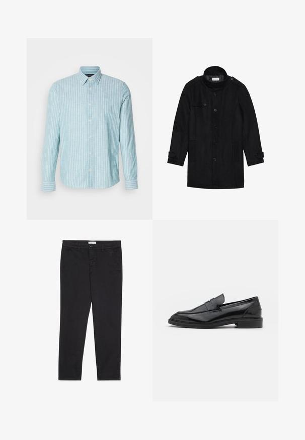 Zwarte wollen jas met een hoge kraag, knoopsluiting aan de voorkant, twee zijzakken en knoopaccenten op de mouwen. Minimalistisch ontwerp en een gladde textuur.; Lichtblauw overhemd met lange mouwen en knoopsluiting, voorzien van witte verticale strepen. Het shirt heeft een klassieke kraag en een zachte textuur, met een casual ontwerp.; Zwarte katoenen broeken met een slim fit, voorzien van twee zijzakken en een sluiting met een voorknop. Geweven stof met subtiele.details.; Zwarte leren instappers met een gladde afwerking, voorzien van een ronde neus en een smalle band over de bovenkant. Lage gestapelde hak.