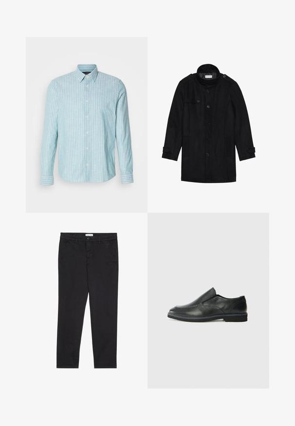 Juodas vilnonis paltas su aukštu apykakle, užsegamas priekyje, turi dvi šonines kišenes ir mygtukų akcentus rankovėse. Minimalistinio dizaino ir sklandžios tekstūros.; Šviesiai mėlyna ilgomis rankovėmis marškinėliai su baltais vertikaliais dryžiais, turintys klasikinį apykaklę ir mygtukų uždarymą. Minkšta tekstūra, laisvas dizainas.; Juodos medvilnės kelnės su siauru pjūviu, turinčios dvi šonines kišenes ir priekinį mygtuko užsegimą. Audinys tekstūruotas su subtiliomis detalėmis.; Juodai odiniai įtvirtinimo batai su lygiu paviršiumi, siuvinėjimo akcentais, apvalia nosimi ir žemu guminiu kulnu. Pado raštas minimalus.