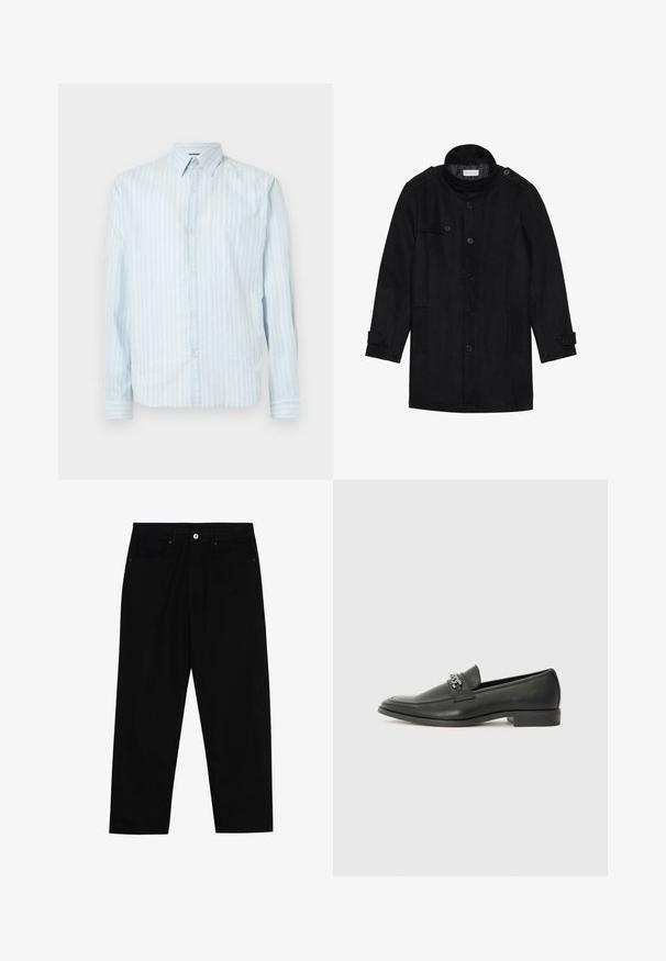 Svart ullfrakk med høy krage, knappet front, to sidelommer og knappeaksenter på ermene. Minimalistisk design og glatt tekstur.; Lys blå knappopp skjorte med hvite vertikale striper, klassisk krage, lange ermer og to knappeaksenter på ermene.; Sorte denimbukser med rett benklipp, fem-lomme design og frontknappåpning. Jevn tekstur med minimale sømdetaljer.; Sorte skinnloafers med en glatt finish, og med en sydd design og en dekorativ metallkjedeakcent over foten. Flat hæl.
