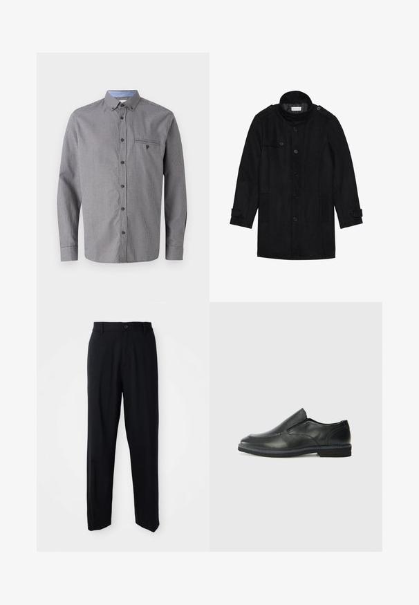 Cappotto in lana nera con colletto alto, chiusura frontale con bottoni, due tasche laterali e dettagli con bottoni sulle maniche. Design minimalista e texture liscia.; Camicia grigia a quadri con maniche lunghe, colletto button-down, taschino sul petto e colletto interno di un azzurro chiaro a contrasto. Presenta bottoni marroni.; Pantaloni neri a gamba dritta con passanti per cintura, chiusura a bottone e un design elegante e minimale su uno sfondo neutro.; Scarpa nera in pelle con inserto scivolare, superiore liscio, dettagli cuciti, punta arrotondata e tacco in gomma basso. La suola presenta un battistrada minimale.