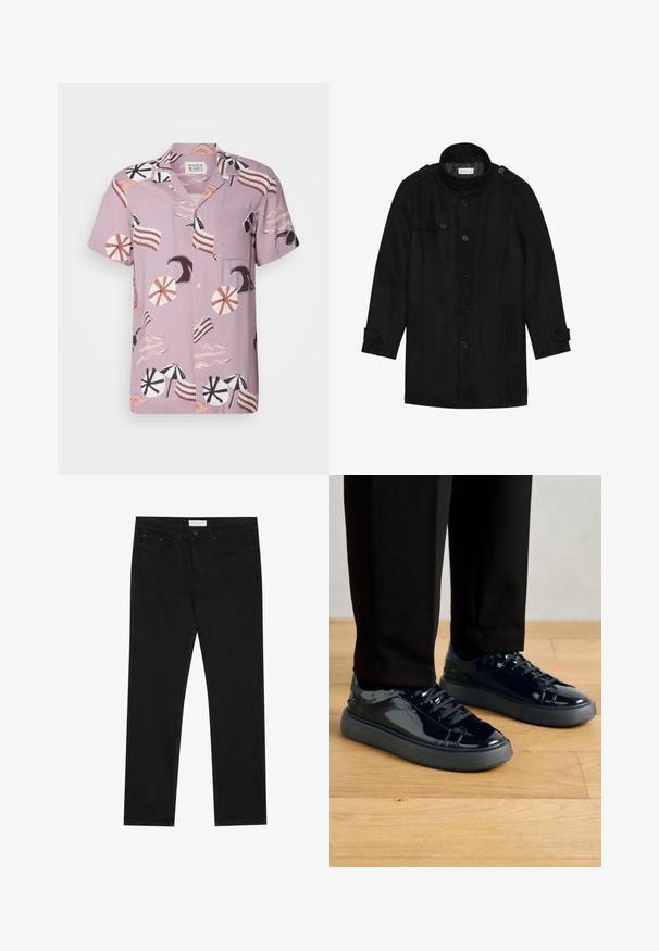 Melna vilnas mēteli ar augstu apkakli, ar pogām aizdara priekšpusi, divām sānu kabatām un pogu akcentiem uz piedurknēm. Minimālistisks dizains un gluda tekstūra.; Īsām piedurkņu lavandas krāsas krekls ar pludmales motīvu, kurā attēloti lietussargi, viļņi un svītraini akcenti. Iekļauts krūšu kabata un pogu aizdare.; Melni taisnie džinsi ar piecu kabatu dizainu, pogu un rāvējslēdzēja aizdari, un Pier One zīmola uzlīmi uz jostasvietas.; Melnas lakotās ādas kedas ar strukturētu gumijas zoli, apaļu purngalu un atbilstošiem melniem šņorēm, apvienotas ar melniem biksēm uz koka grīdas.