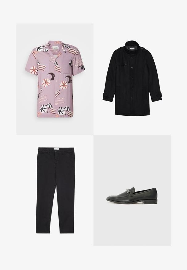 Czarny wełniany płaszcz z wysokim kołnierzem, zapinany na guziki, z dwoma bocznymi kieszeniami i guzikami na rękawach. Minimalistyczny design i gładka tekstura.; Koszulka krótko rękawowa w kolorze lawendowym z nadrukiem nawiązującym do plaży, zawierająca parasole, fale i paskowane akcenty. Zawiera kieszeń na piersi i guzik z przodu.; Czarnie bawełniane spodnie o dopasowanym kroju, z dwoma bocznymi kieszeniami i zapięciem na guzik z przodu. Teksturowana tkanina z subtelnymi detalami.; Czarne skórzane mokasyny o gładkim wykończeniu, z haftowanym wzorem i dekoracyjnym akcentem z metalowego łańcucha na wierzchu. Płaska pięta.