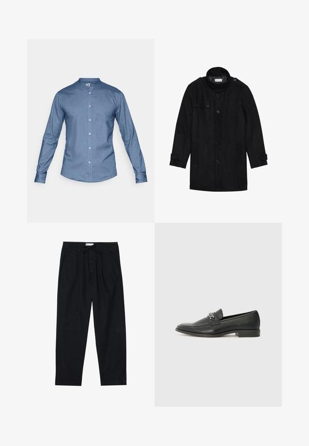Svart ullfrakk med høy krage, knappet front, to sidelommer og knappeaksenter på ermene. Minimalistisk design og glatt tekstur.; Blå skjorte med krage, lange ermer og en glatt tekstur. Har frontlukkning med knapper og ingen synlige mønstre.; Pier One Chinos - black; Sorte skinnloafers med en glatt finish, og med en sydd design og en dekorativ metallkjedeakcent over foten. Flat hæl.