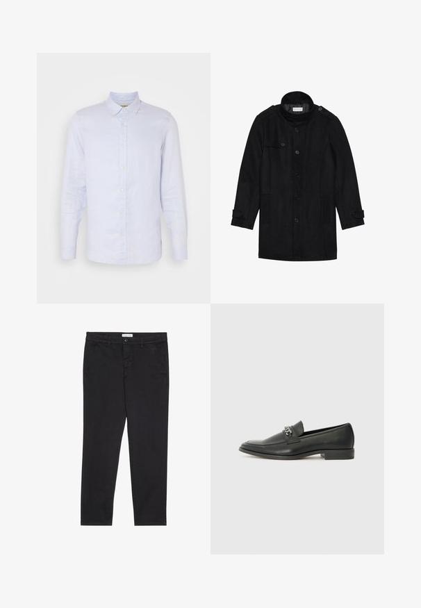 Črn volnen plašč z visokim ovratnikom, gumbom spredaj, dvema stranskima žepoma in gumbnimi akcenti na rokavih. Minimalistična zasnova in gladka tekstura.; Svetlo modra lanena srajca z dolgimi rokavi, s kravato na gumb, z zapiranjem na prednji gumb in gladko teksturo. Ima diskretne tkane podrobnosti.; Črne bombažne hlače s slim fit krojem, z dvema stranskima žepoma in sprednjim gumbom za zapiranje. Teksturirano blago z nežnimi detajli.; Črni usnjeni loafer z gladko površino, ki ima šivano zasnovo in dekorativni kovinski verižni naglas preko vampirja. Ravno peto.