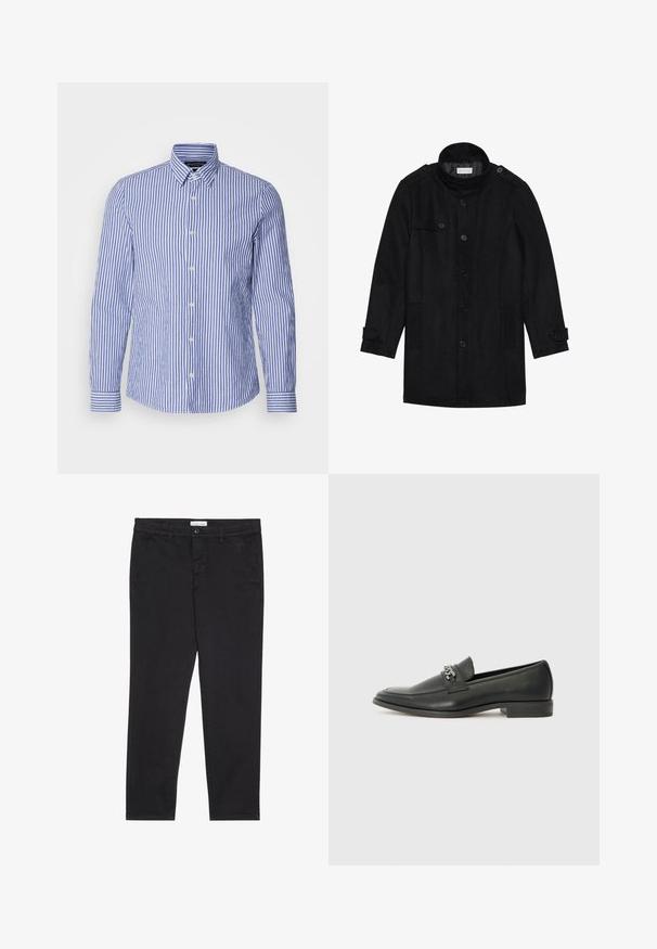 Mustakankaiset villakangas takki korkealla kauluksella, nappikiinnitys edessä, kaksi sivutaskua ja napin koristeet hihoissa. Minimalistinen muotoilu ja sileä tekstuuri.; Sininen ja valkoinen raidallinen pitkähihainen nappipaita, joka on valmistettu kudotusta puuvillasta, klassisella kauluksella ja pyöristetyllä helman muodolla. Varustettu helmillä napeilla.; Mustat puuvillahousut, joissa on kapea malli, kahdella sivutaskulla ja edessä nappisuljenta. Rakenteellinen kangas hienovaraisilla yksityiskohdilla.; Musta nahkakengät, joissa on sileä pinta, koristeelliset ompeleet ja metalliketjun yksityiskohta kengän päällä. Littee korko.