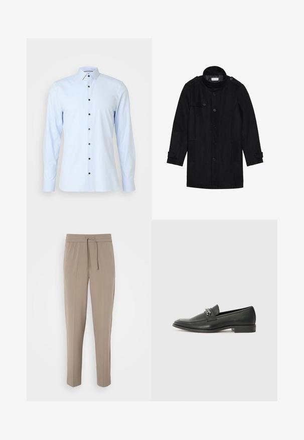 Must musternahk, millel on kõrge krae, nööpidega esiosa, kaks küljetaskut ja nööpdetailid varrukatel. Minimalistlik disain ja sile tekstuur.; Hele sinine pika varrukaga särk, mis on valmistatud siledast kangast, traditsioonilise kraega ja tumedate siniste nuppudega, mis ulatuvad kuni eest.; Heledad beezised püksid elastse vöökohtaga, reguleeritava paelaga ja kitsenevad sääred. Kanga pind näib sile ja kerge sära.; Must haveate nahkking punased, millel on sile viimistlus, tikitud muster ja dekoratiivne metallkett vampi üle. Tasane konts.