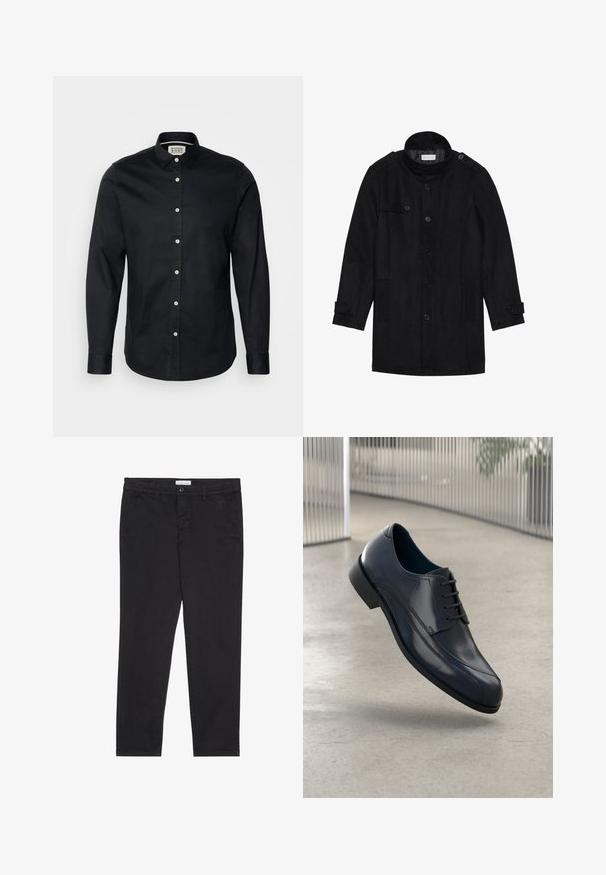 Juodas vilnonis paltas su aukštu apykakle, užsegamas priekyje, turi dvi šonines kišenes ir mygtukų akcentus rankovėse. Minimalistinio dizaino ir sklandžios tekstūros.; Juodas ilgomis rankovėmis marškinis pagamintas iš medvilnės, su sagos tipo apykakle, priekyje užsegamas mygtukais, ir mažas siuvinėtą logotipą krūtinėje.; Juodos medvilnės kelnės su siauru pjūviu, turinčios dvi šonines kišenes ir priekinį mygtuko užsegimą. Audinys tekstūruotas su subtiliomis detalėmis.; Blizgūs juodi odiniai suknelės batai su raišteliais, skirti pakibti virš lygaus, šviesiai pilko grindų paviršiaus ir vertikalių metalinių strypų fone.