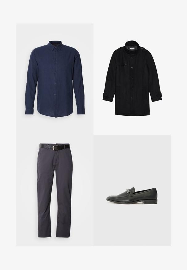 Schwarzer Wollmantel mit hohem Kragen, knöpfbarem Frontverschluss, zwei Seitentaschen und Knopfakzenten an den Ärmeln. Minimalistisches Design und glatte Textur.; Dunkelblaues Langarmhemd aus leichtem Stoff, mit einem klassischen Kragen, Vorderknöpfen und umgeschlagenen Manschetten für eine verstellbare Passform.; Schwarze Baumwollhosen mit geradem Schnitt, ausgestattet mit zwei Fronttaschen und einem Gürtel. Der Stoff hat eine glatte Textur und ein mattes Finish.; Schwarzer Lederloafer mit glatter Oberfläche, ausgestattet mit einer gesteppten Gestaltung und einem dekorativen Metallkettendetail über dem Vorderblatt. Flacher Absatz.